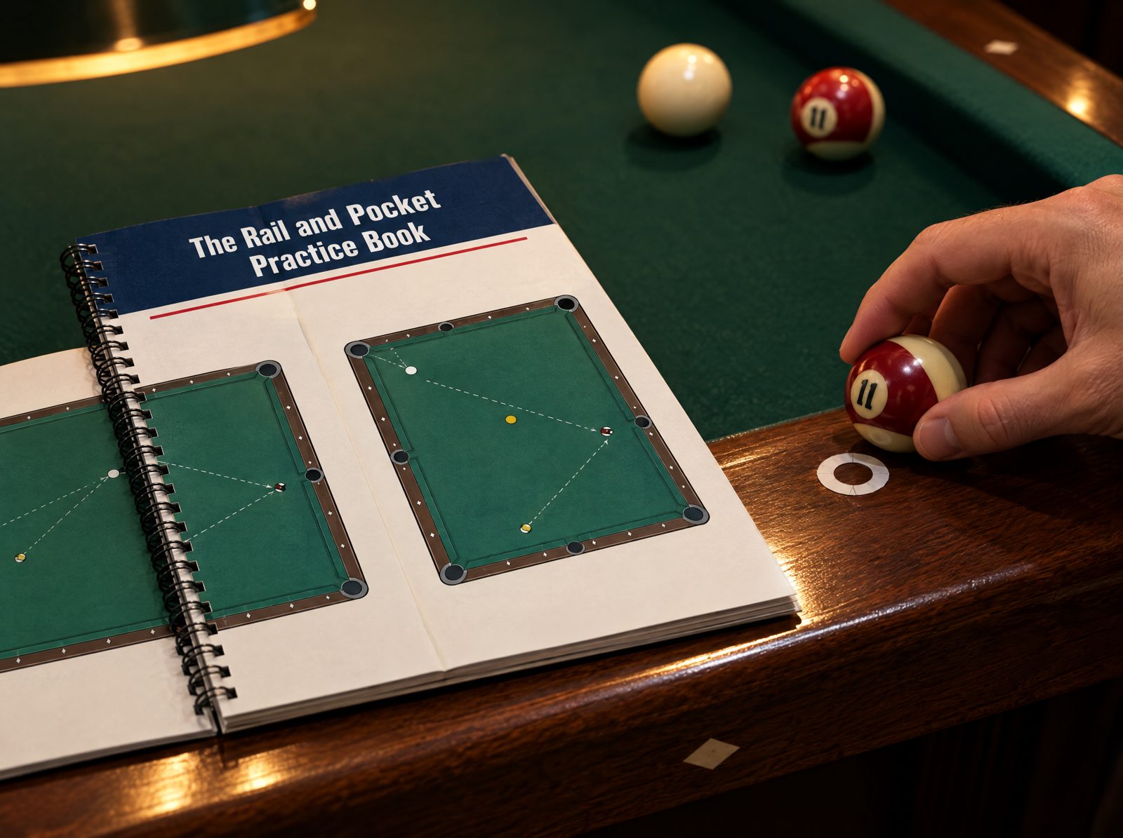 The practice book open on a pool table with a drill set up on paper rings