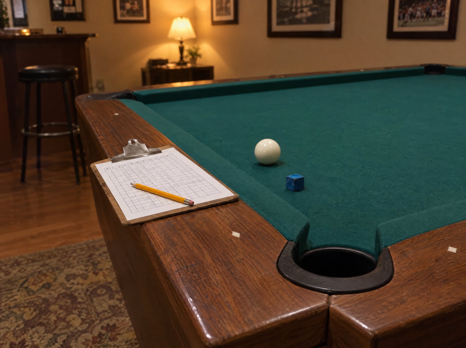 Printed practice plan pages pinned near a home pool table