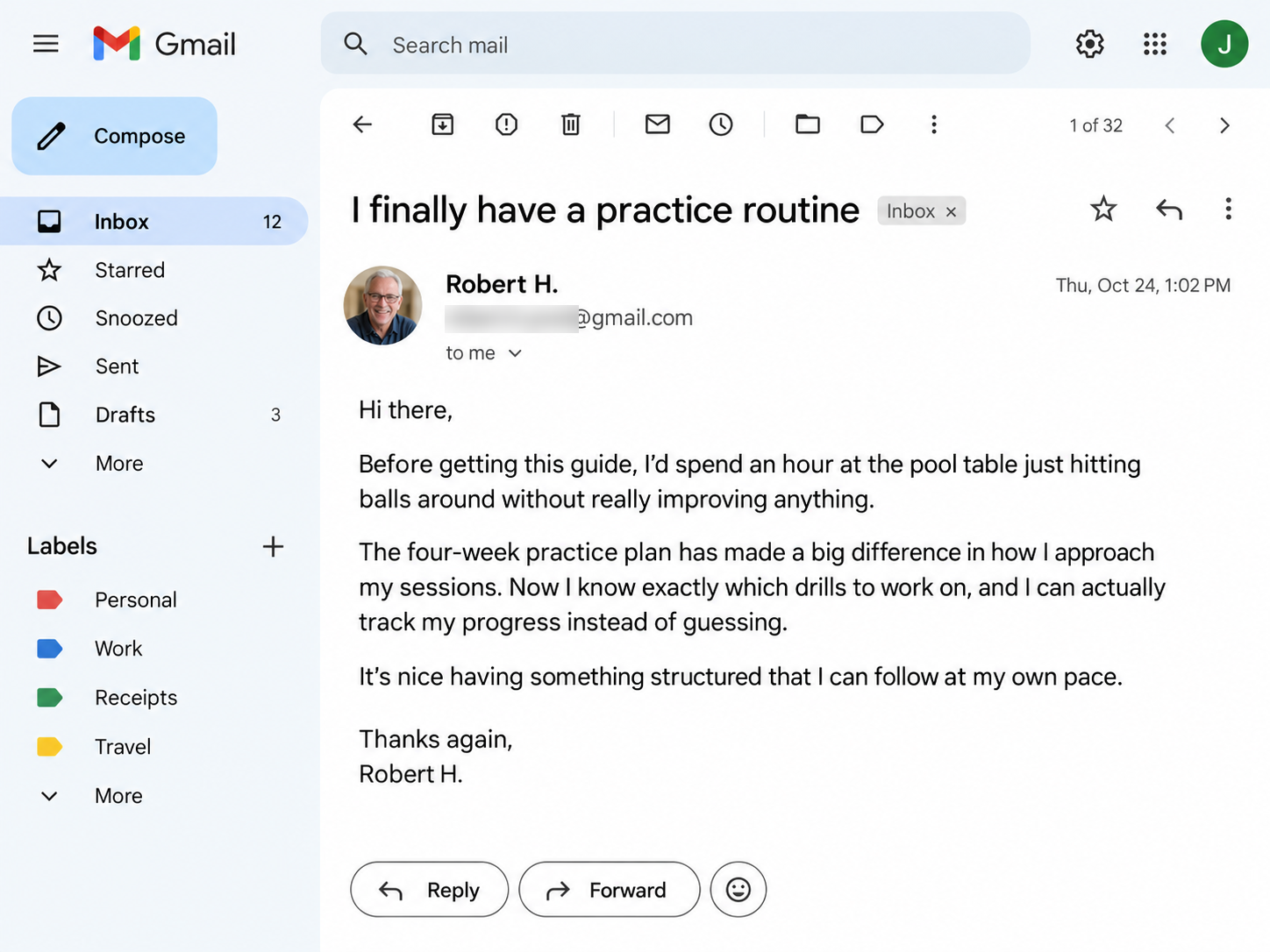 Email from a reader: he finally has a practice routine